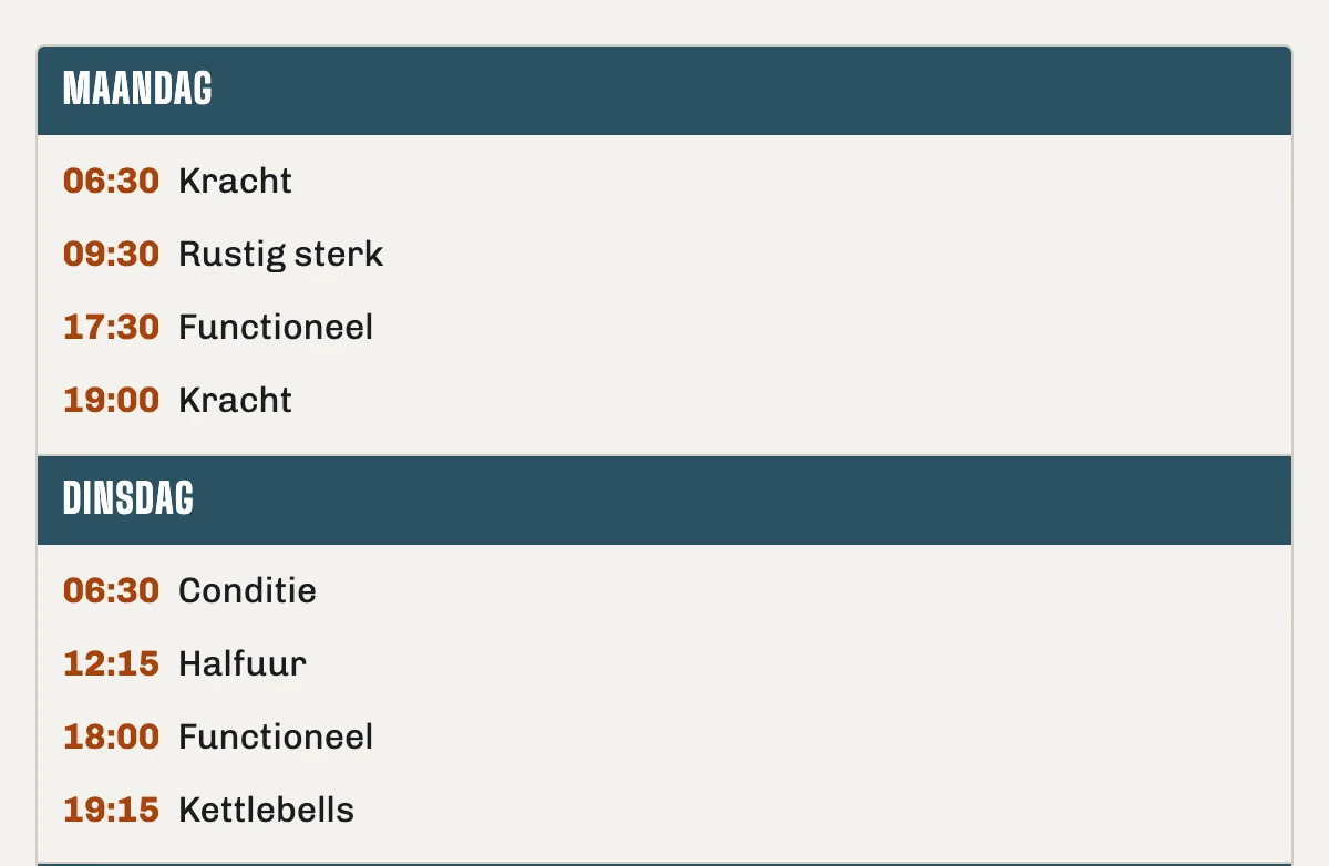 Het weekrooster op de voorbeeldsite, met per dag de lessen en de tijden