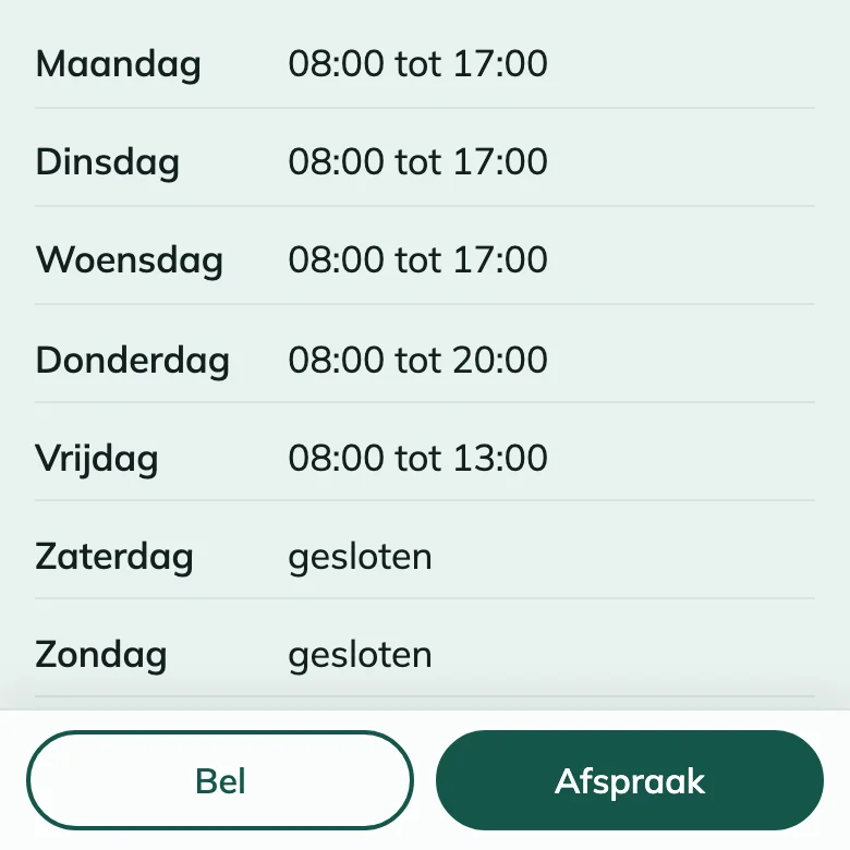 De onderkant van de voorbeeldsite op een telefoon, met een vaste balk met Bel en Afspraak