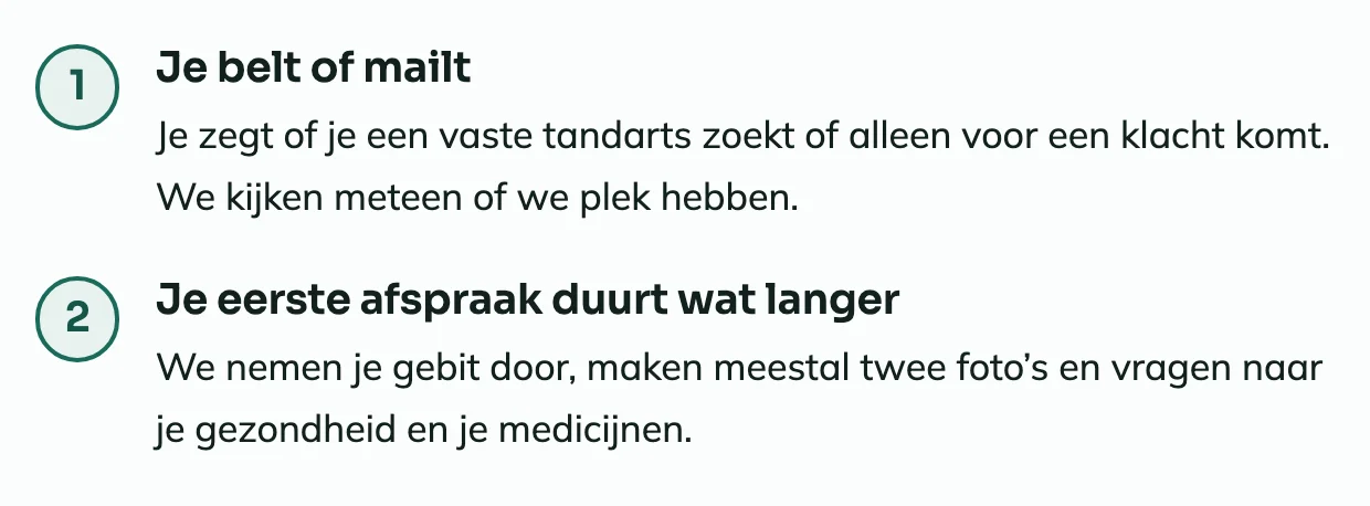 De eerste stappen van een eerste afspraak op de voorbeeldsite, genummerd onder elkaar