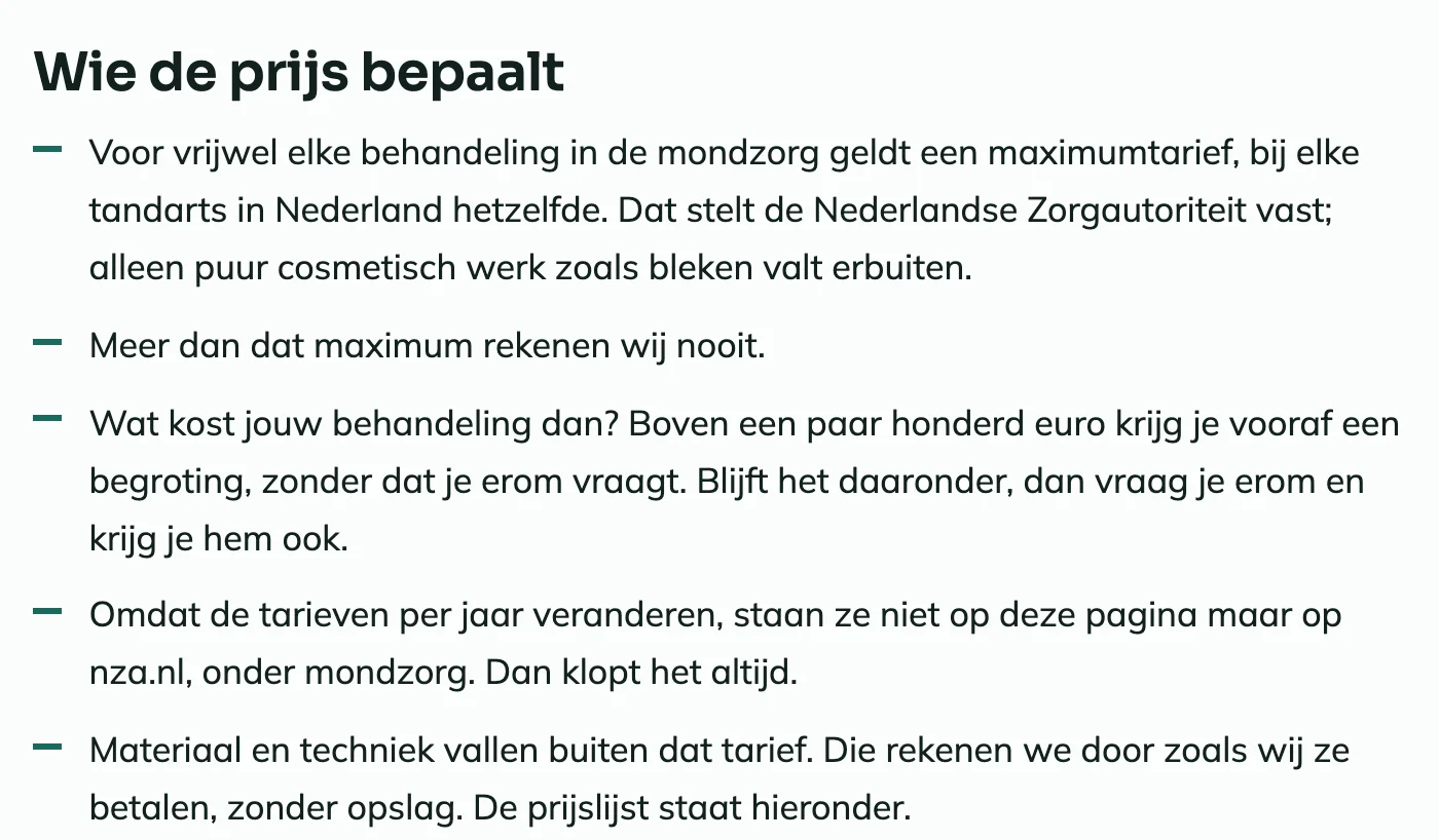 De uitleg op de voorbeeldsite over wie de tarieven in de mondzorg vaststelt