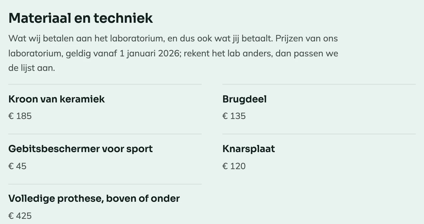De prijslijst materiaal en techniek op de voorbeeldsite, met per onderdeel de prijs ernaast