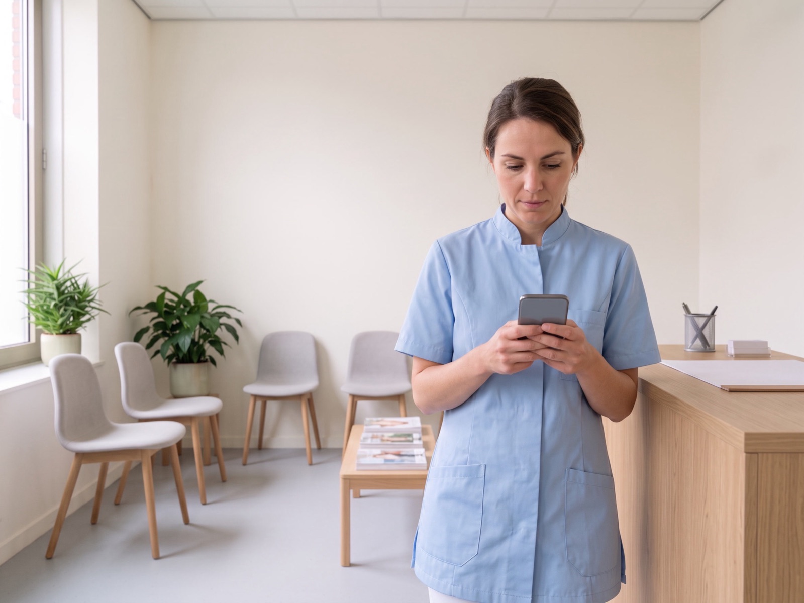 Assistente staat bij de balie van de praktijk en typt een bericht op haar telefoon