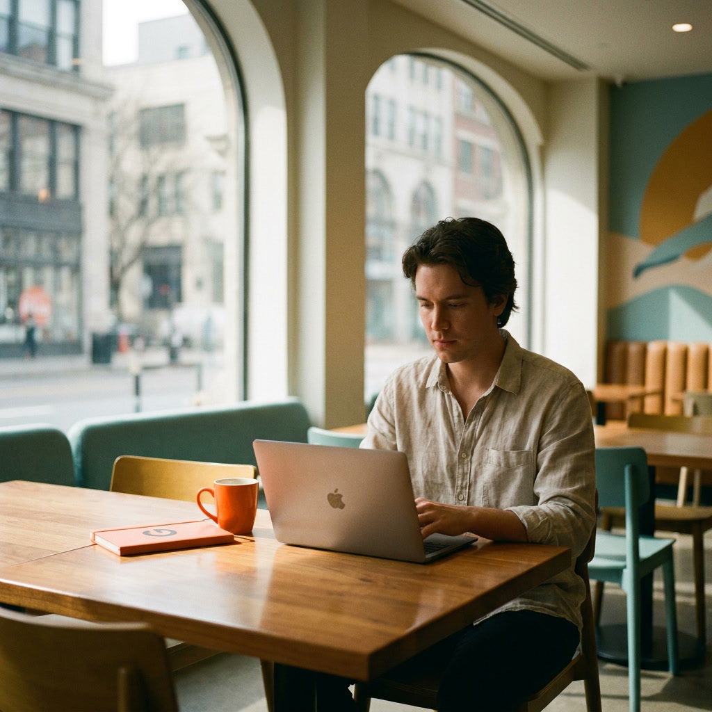 Ondernemer werkt aan de eigen website in een café