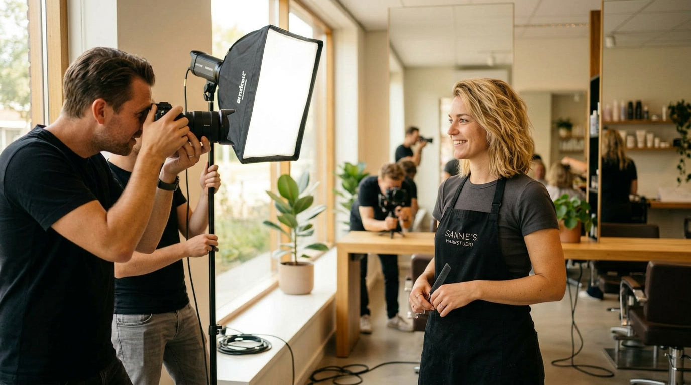 Kapster wordt professioneel gefotografeerd in haar salon