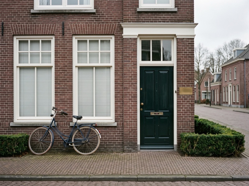 De voorgevel van het kantoor aan een rustige straat, met een donkergroene deur en een fiets ertegenaan