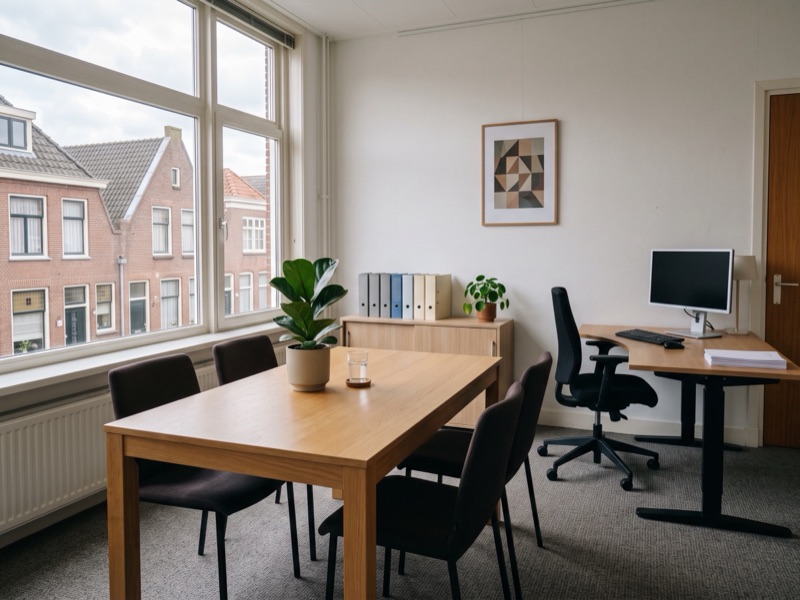 De lege overlegkamer van het kantoor, met een houten tafel, ordners op een kast en uitzicht op de straat