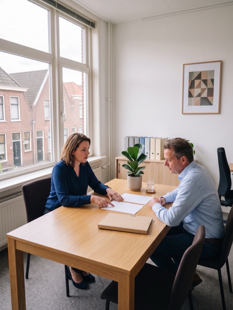 Medewerkster van het kantoor legt aan de overlegtafel iets uit aan een ondernemer, met papieren tussen hen in