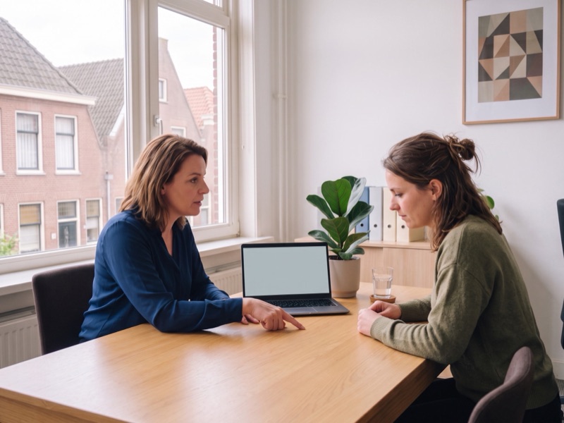 Twee vrouwen zitten aan de overlegtafel met een laptop tussen hen in, de ene wijst iets aan