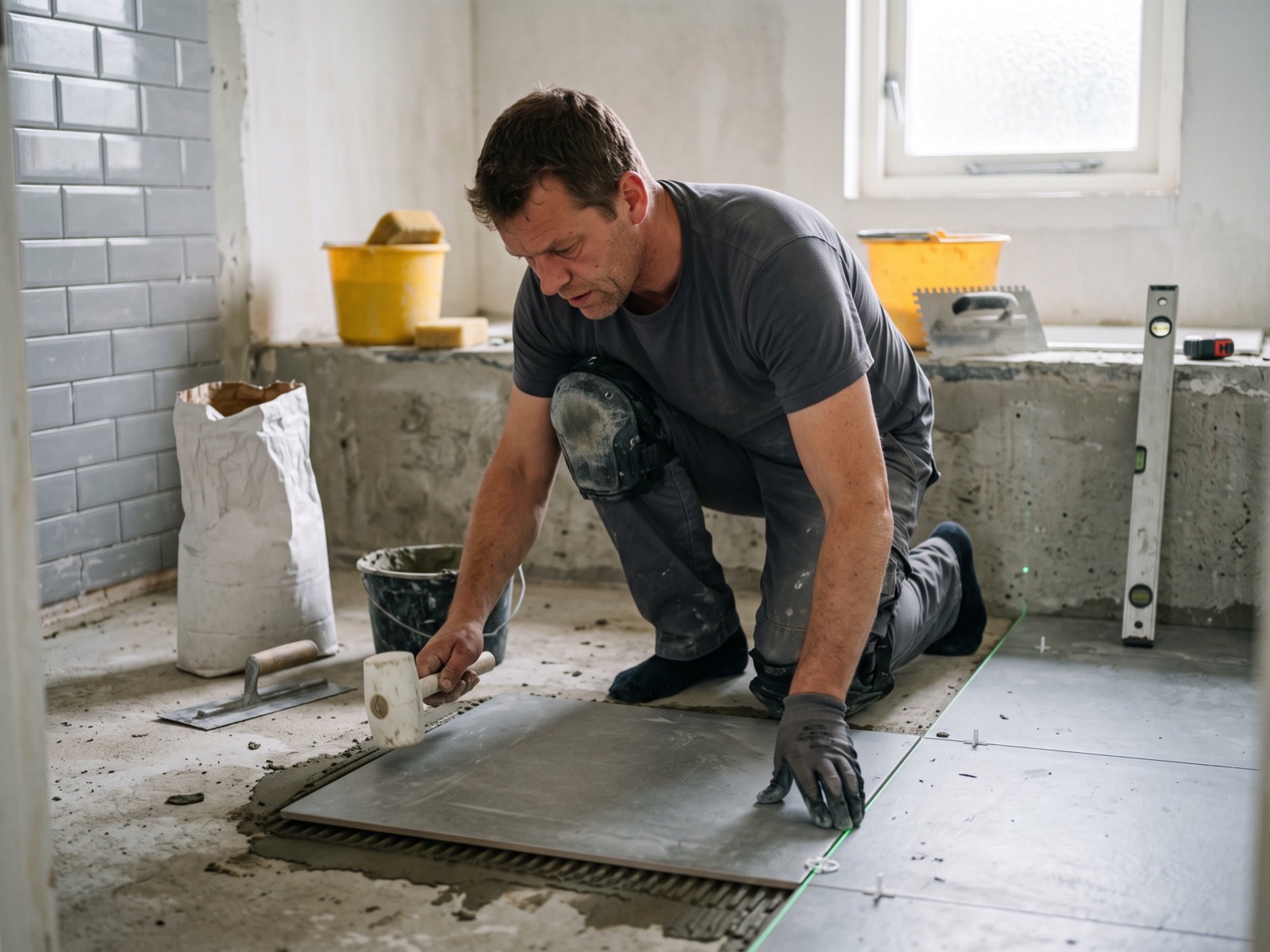 Een zelfstandige tegelzetter legt geknield een vloertegel in een badkamer