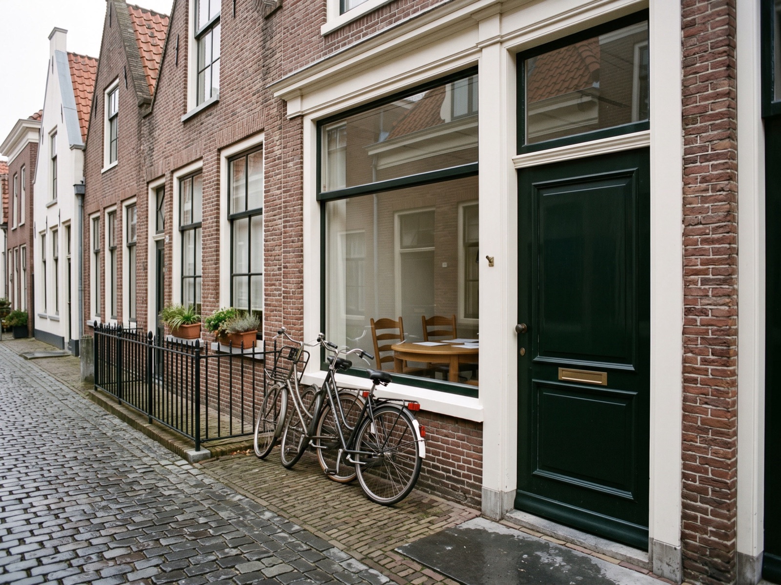 De groene voordeur en het grote raam van het kantoor in een oud pand, met twee fietsen tegen het hek