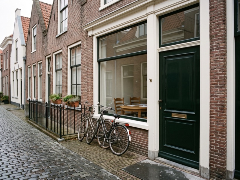 De groene voordeur en het grote raam van het kantoor in een oud pand, met twee fietsen tegen het hek
