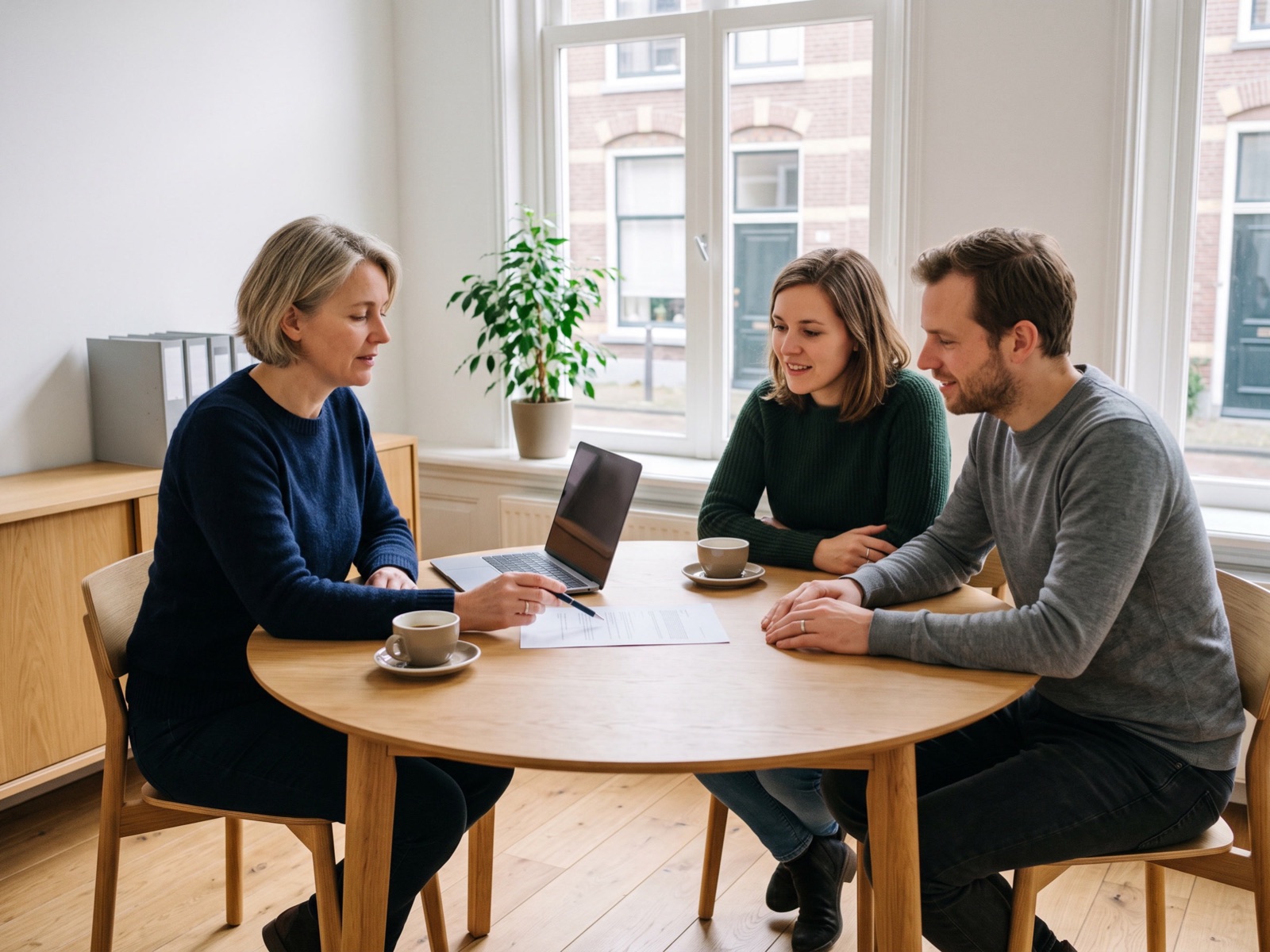 Een adviseur legt aan een ronde tafel op kantoor iets uit aan een jong stel, met een laptop en een uitgeprint overzicht