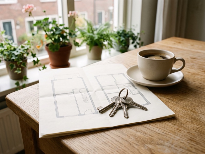 Een sleutelbos op een bouwtekening van een huis, naast een kop koffie