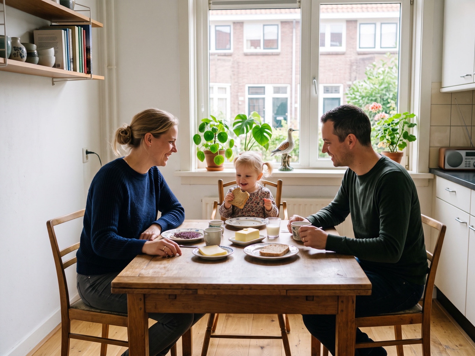 Een jong stel ontbijt aan de keukentafel met hun peuter in een kinderstoel