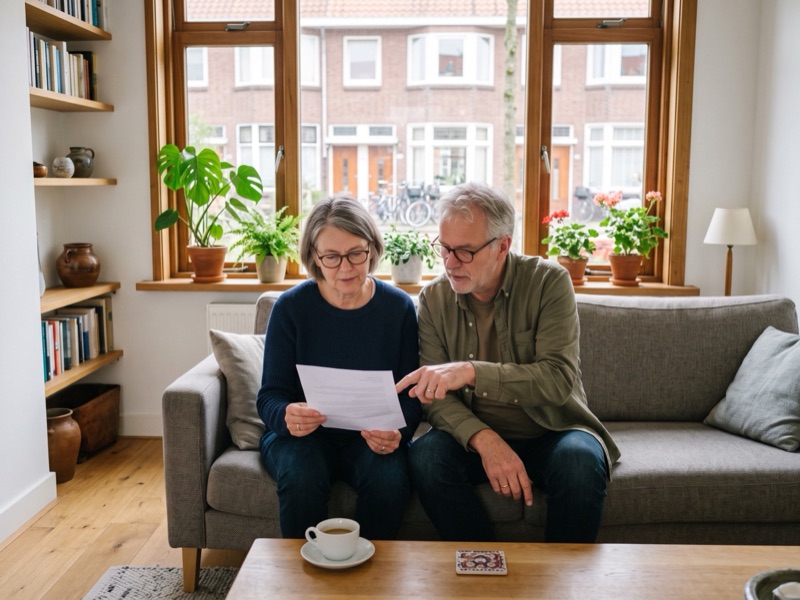Een stel van rond de zestig leest samen een brief