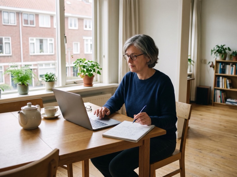 Een vrouw kijkt aan de eettafel op haar laptop en maakt aantekeningen