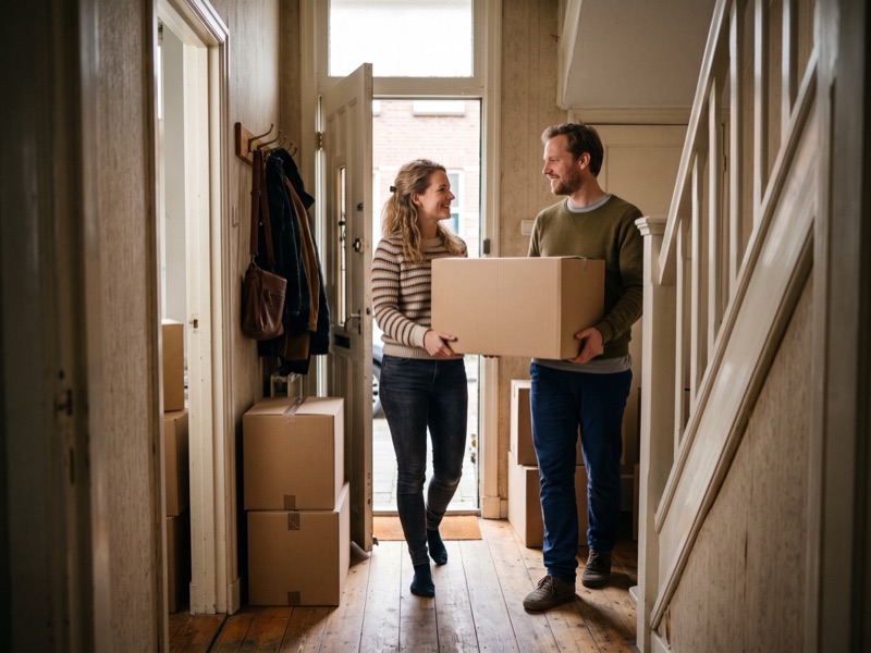 Een stel draagt samen een verhuisdoos door de voordeur de gang van een huis in