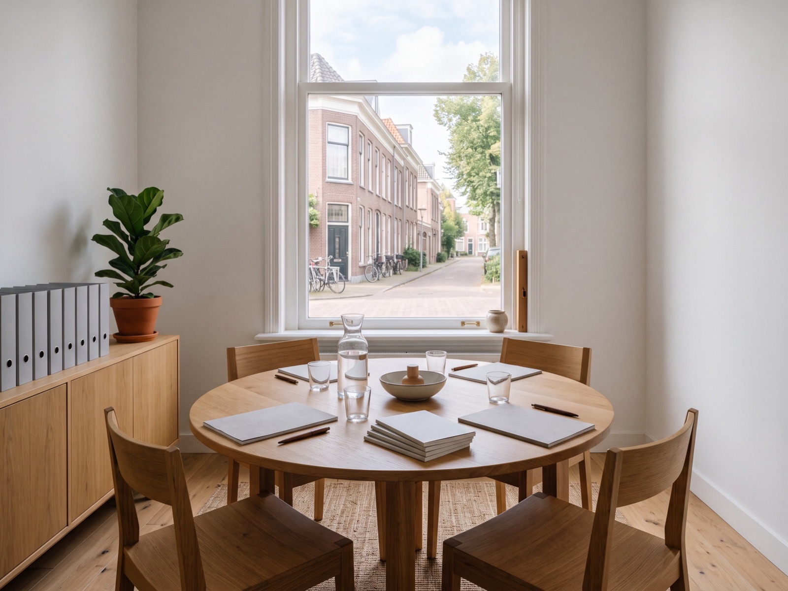 De spreekkamer van het kantoor, met een ronde tafel en een raam dat uitkijkt op de straat