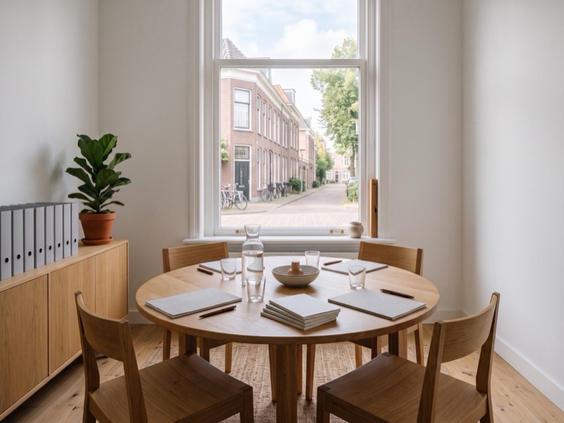 De spreekkamer van het kantoor, met een ronde tafel en een raam dat uitkijkt op de straat