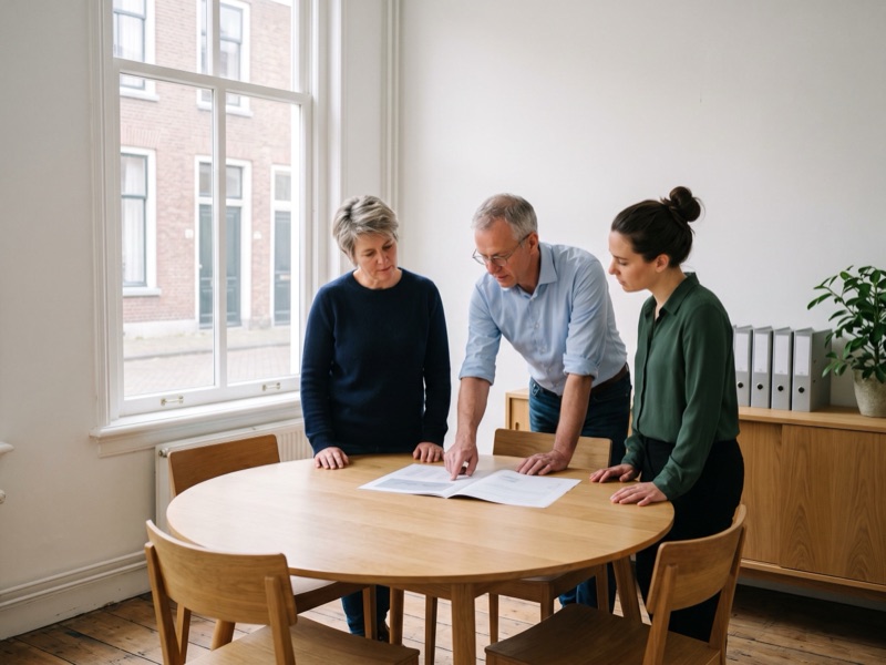Drie adviseurs van het kantoor bekijken samen een uitgeprint overzicht aan de ronde tafel