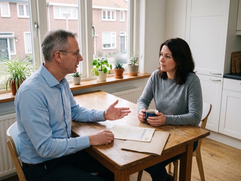 Een adviseur praat aan de keukentafel met een vrouw
