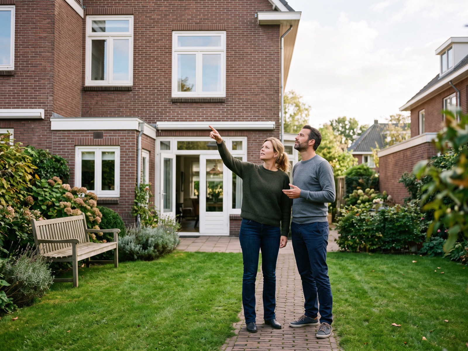 Een stel staat in de tuin van hun huis en kijkt samen omhoog naar de achtergevel