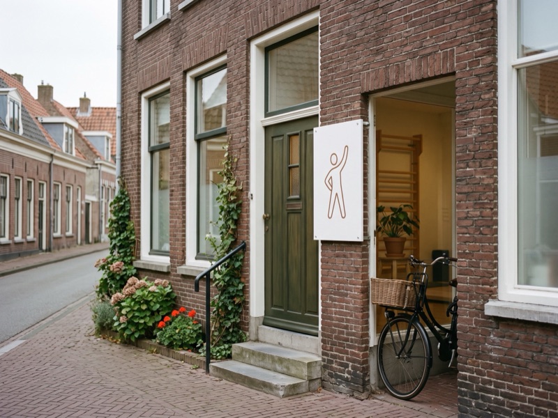 De voordeur van de praktijk in een oude straat, met een wit bord met een bewegend figuurtje ernaast