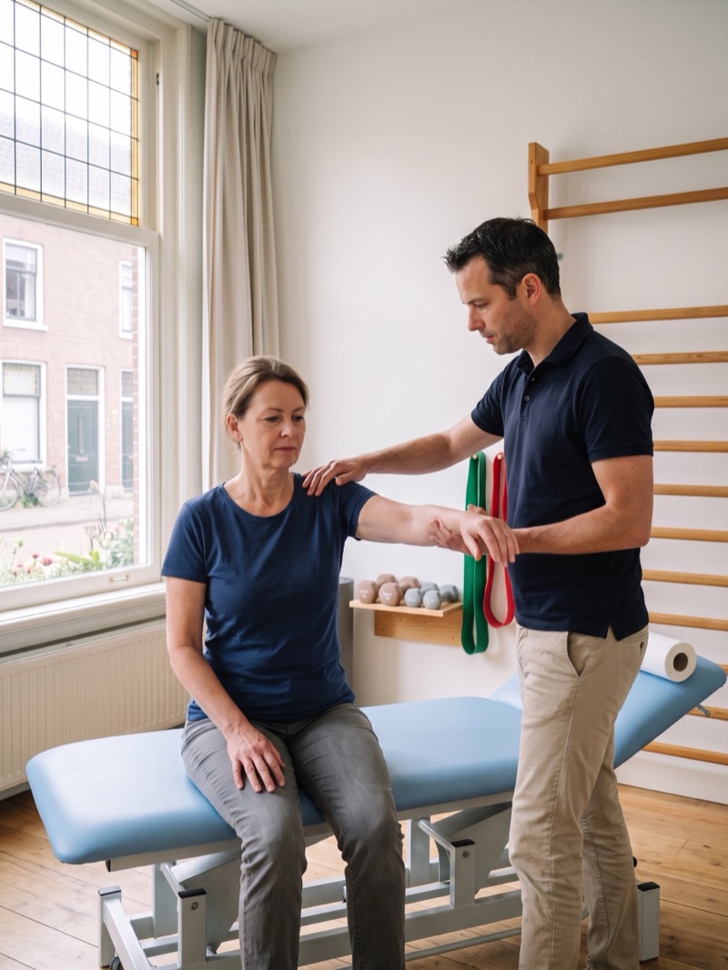 Fysiotherapeut onderzoekt staand de schouder van een vrouw die op de behandelbank zit