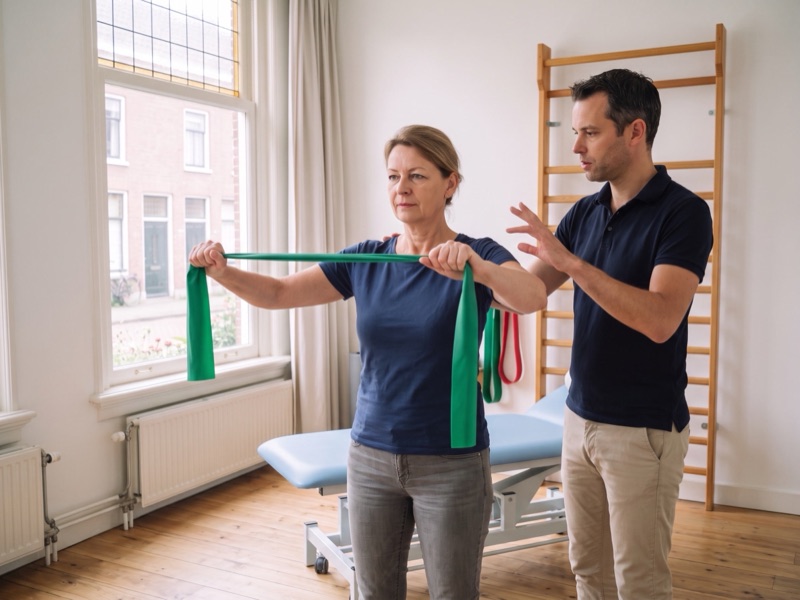 Fysiotherapeut kijkt mee terwijl een vrouw een oefening met een elastische band doet