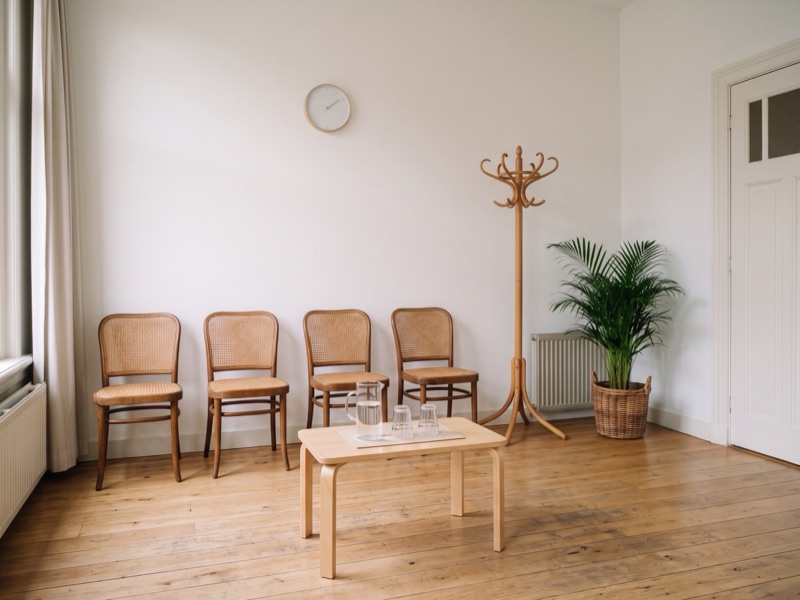 De wachtruimte met vier stoelen, een lage tafel met water en een kapstok