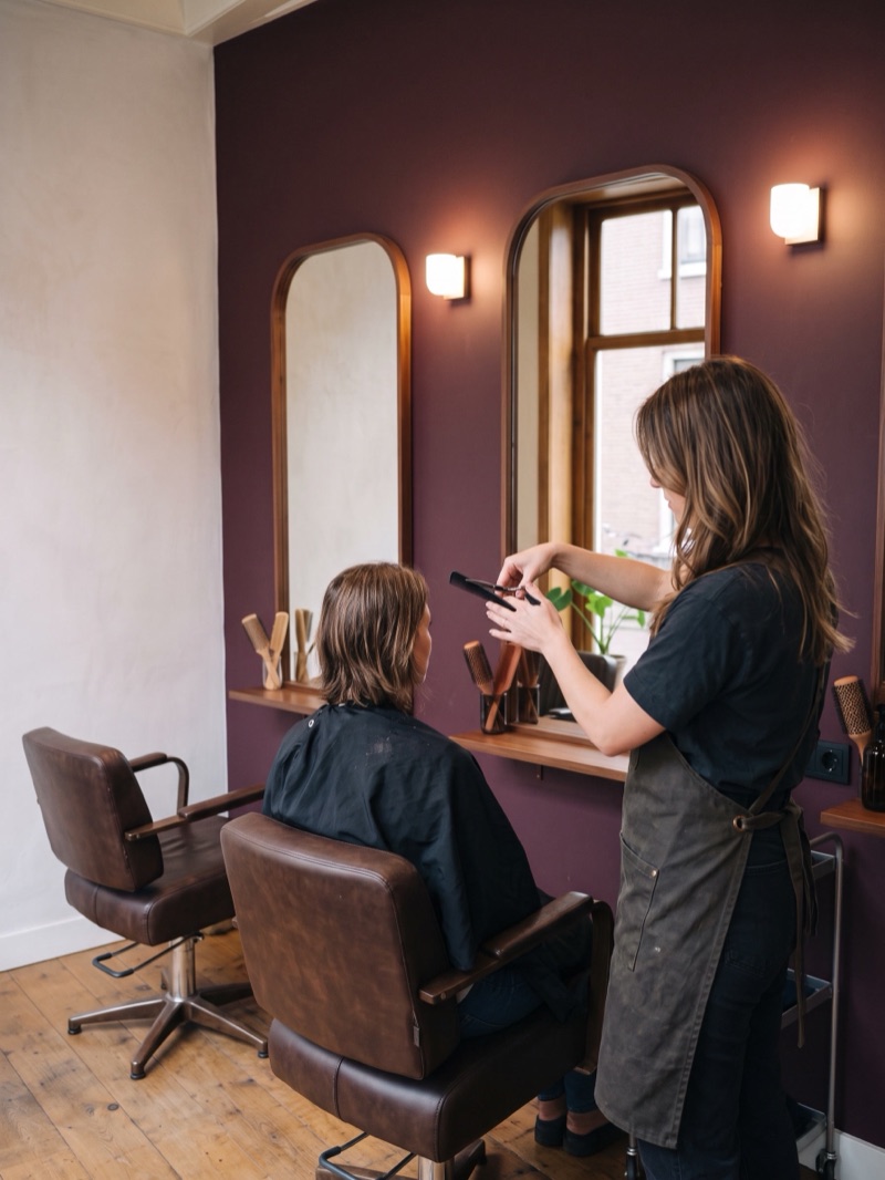 Kapster knipt met schaar en kam het haar van een vrouw in de stoel, voor de boogspiegel