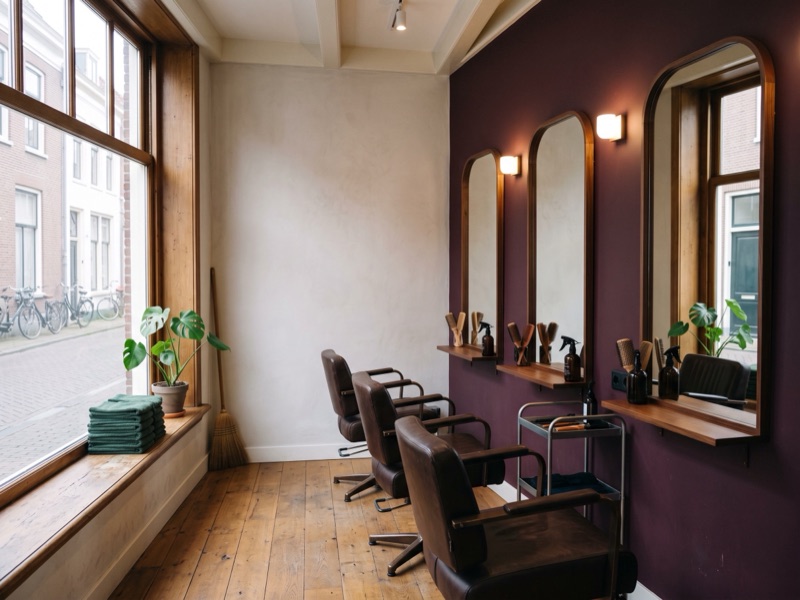 De lege salon met drie stoelen voor boogspiegels tegen de pruimkleurige wand