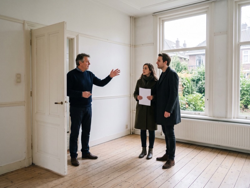 Makelaar wijst iets aan in een lege kamer terwijl een stel met de plattegrond in de hand rondkijkt