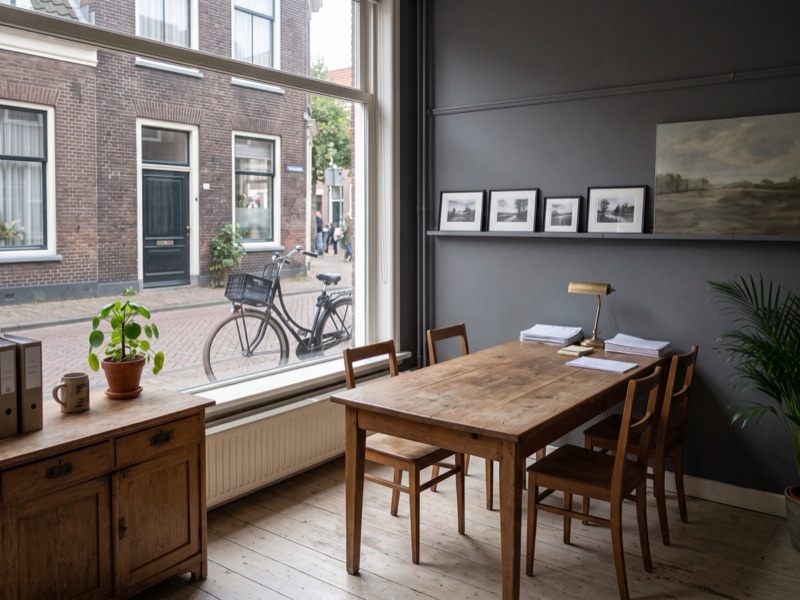 Het kantoor van binnen, met een lange houten tafel bij het raam en uitzicht op een straat met bakstenen huizen