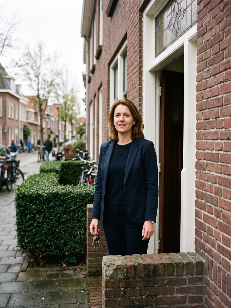 Makelaar met een sleutelbos in de hand in de deuropening van een jaren-dertig woning