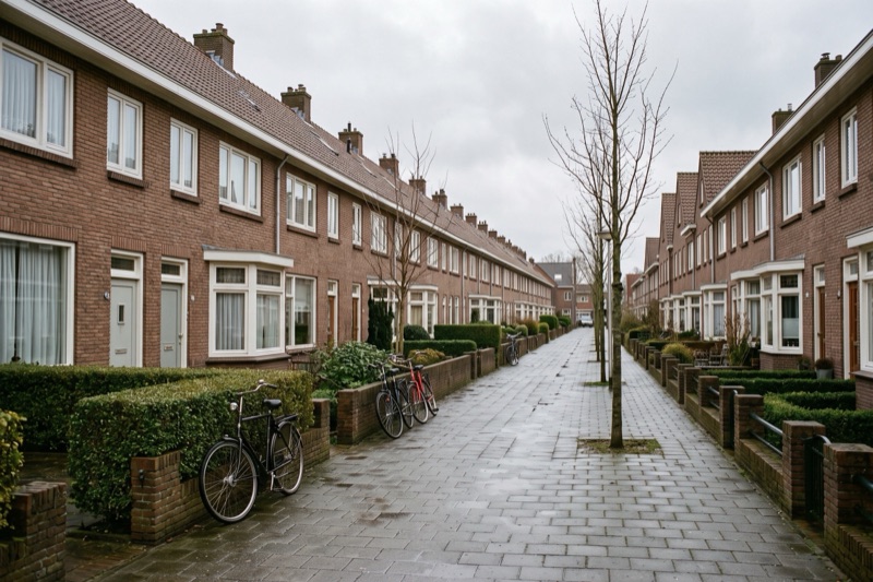Een rustige Alkmaarse straat met jaren-dertig rijtjeshuizen, heggen en fietsen tegen de tuinmuurtjes