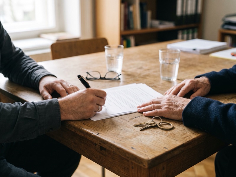 Twee paar handen aan een tafel bij de notaris: de een zet een handtekening onder de koopakte, naast een sleutelbos