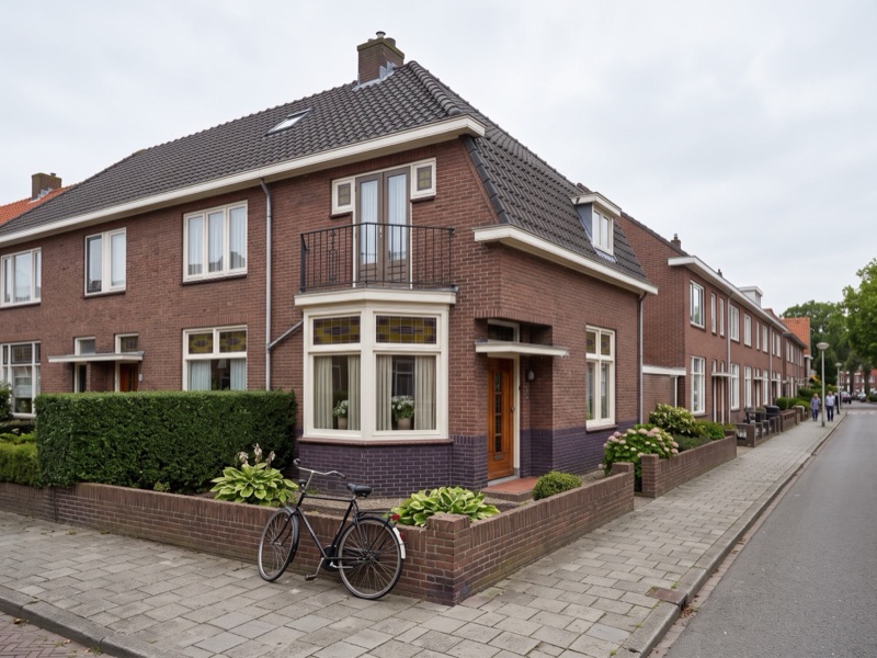 De jaren-dertig hoekwoning aan de Grutterslaan, met een erker, een glas-in-loodbovenlicht en een donkere bakstenen onderlaag