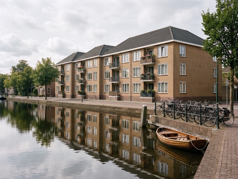 Het bakstenen appartementengebouw aan de Zeilmakerskade, drie lagen hoog, met balkons en het water ervoor