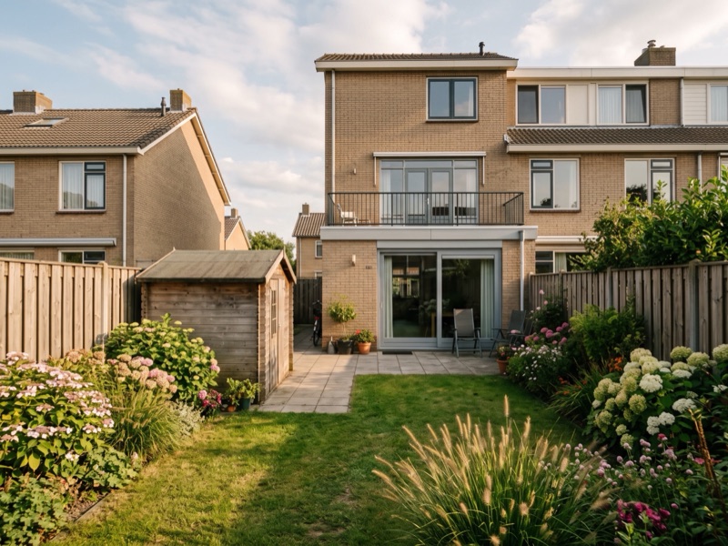 De achterkant van de eindwoning aan de Kolkwaard, gezien vanuit de tuin, met schuifpui, terras en een houten schuur