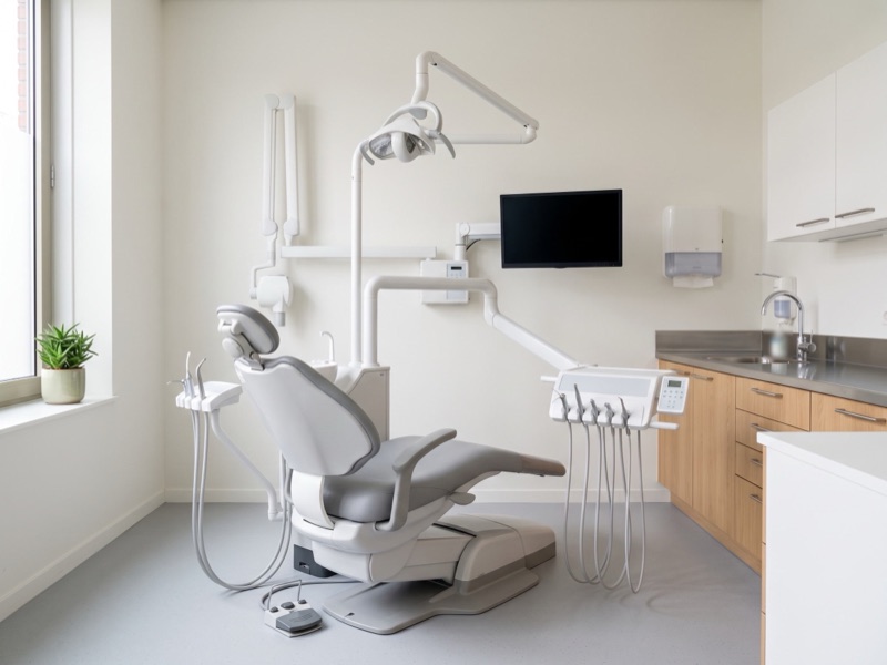 De lege behandelkamer met de stoel, de lamp en een schone werkbank bij het raam