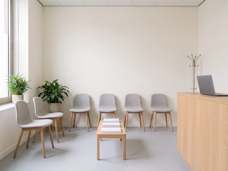 De lege wachtkamer met stoelen langs de wand, een lage tafel en een grote plant